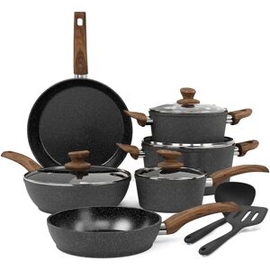 Belfry Kitchen Induction Hob Pots And Pans Set - 12 Piece Cooking Pans Set, Black Granite Kitchen Cookware Set,Nonstick Saucepan Set PFOS & PFOA Free 28.0 W cm