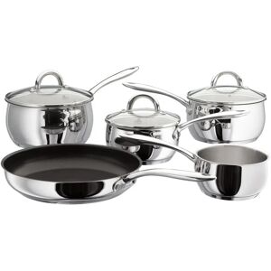 Judge Classic, Stainless Steel 5 Piece Saucepan Set, 14cm milk pan, 16/18/20cm saucepans, 28cm non-stick frying pan gray