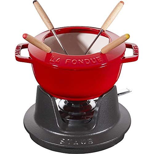 STAUB Fondueset met 4 vorken, geschikt voor kaas-, chocolade- en vleesfondue, gietijzer, kersenrood, 16 cm