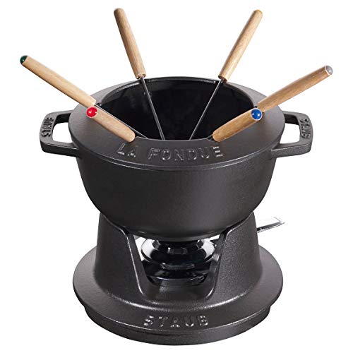 STAUB Fondueset met 6 vorken, geschikt voor kaas-, chocolade- en vleesfondue, gietijzer, zwart, 18 cm