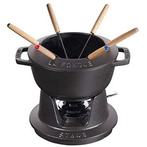 Staub Fondue Set with 6 Forks, Suitable for Cheese, Chocolate and Meat Fondue, Cast Iron, Black, 18 cm