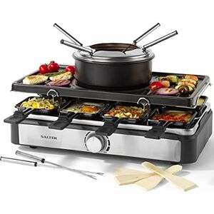 Salter EK4513 Electric Raclette Grill & Fondue - 2 In 1 Indoor Grill, 1.3L Chocolate Melting Pot, 6 Forks, Cheese Fondue Set, Adjustable Temperature Control, 8 Non-Stick Pans & Wooden Spatulas, 1400W