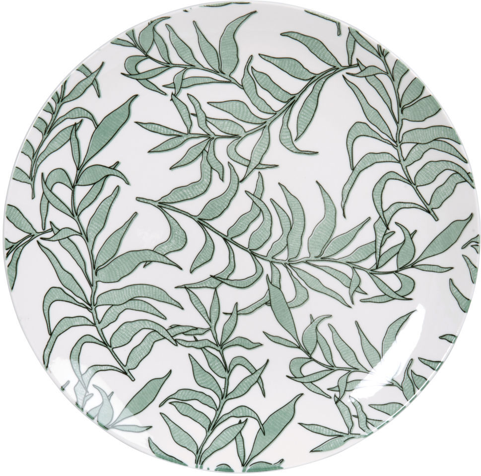 Maisons du Monde Assiette plate en porcelaine blanche motif végétal vert