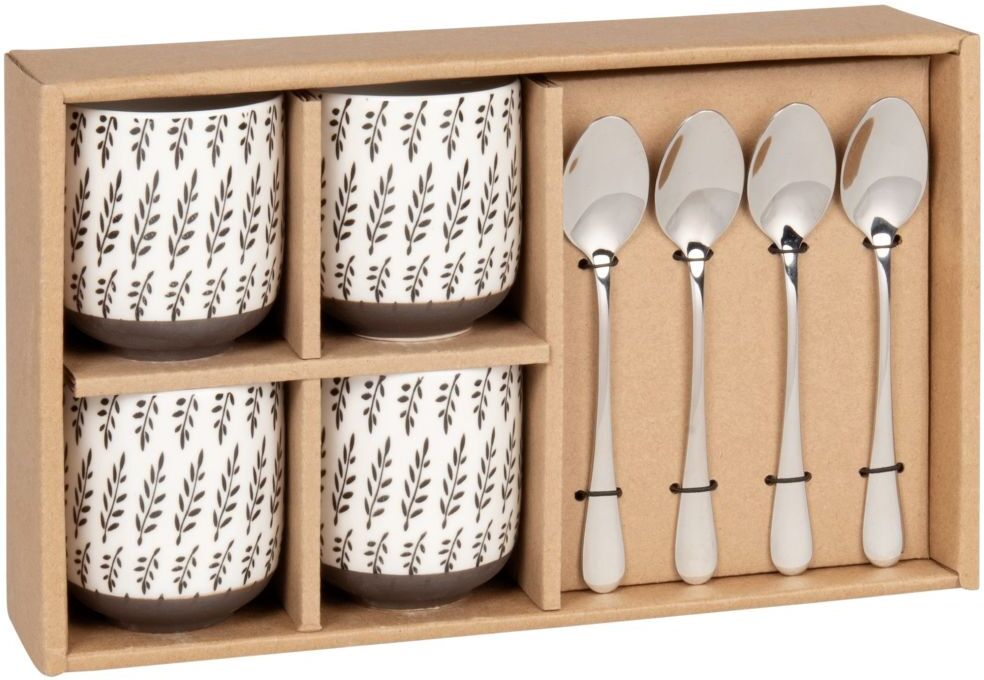 Maisons du Monde Coffret tasses en grès blanc motif végétal noir (x4) et cuillères en métal argenté