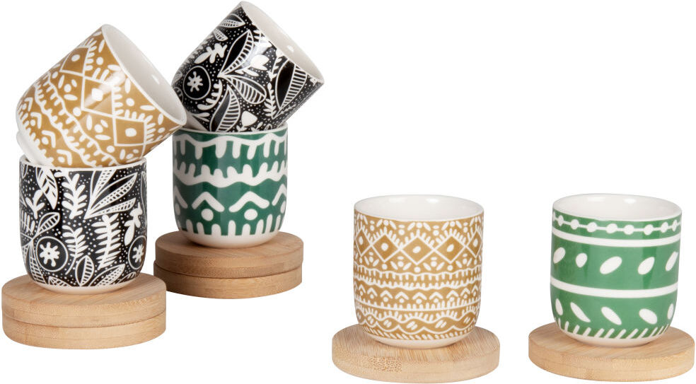 Maisons du Monde Coffret tasses en grès motifs graphiques multicolores (x6) et soucoupes en bambou