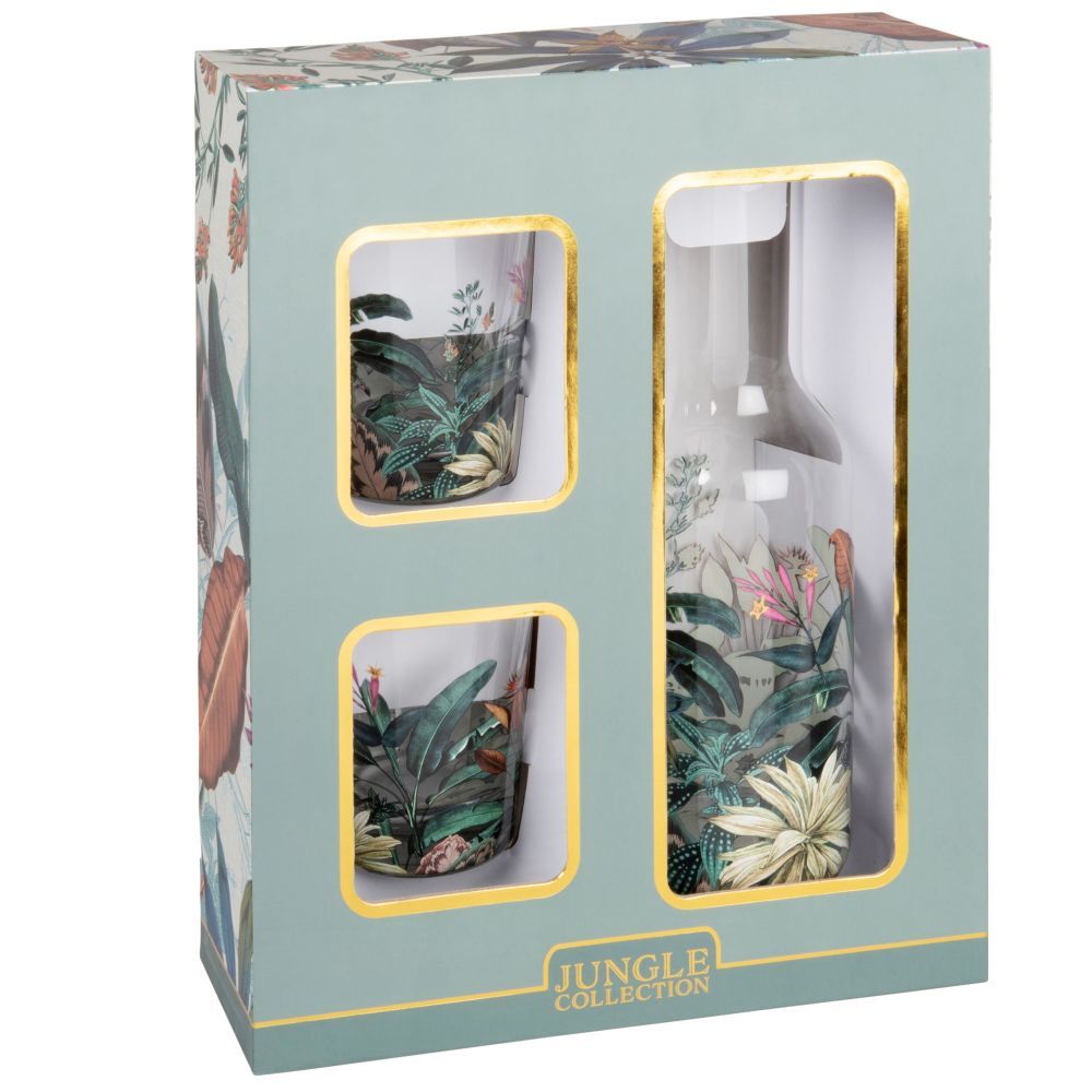 Maisons du Monde Set met glazen (x2) en glazen karaf 1,4 l met meerkleurig tropisch motief