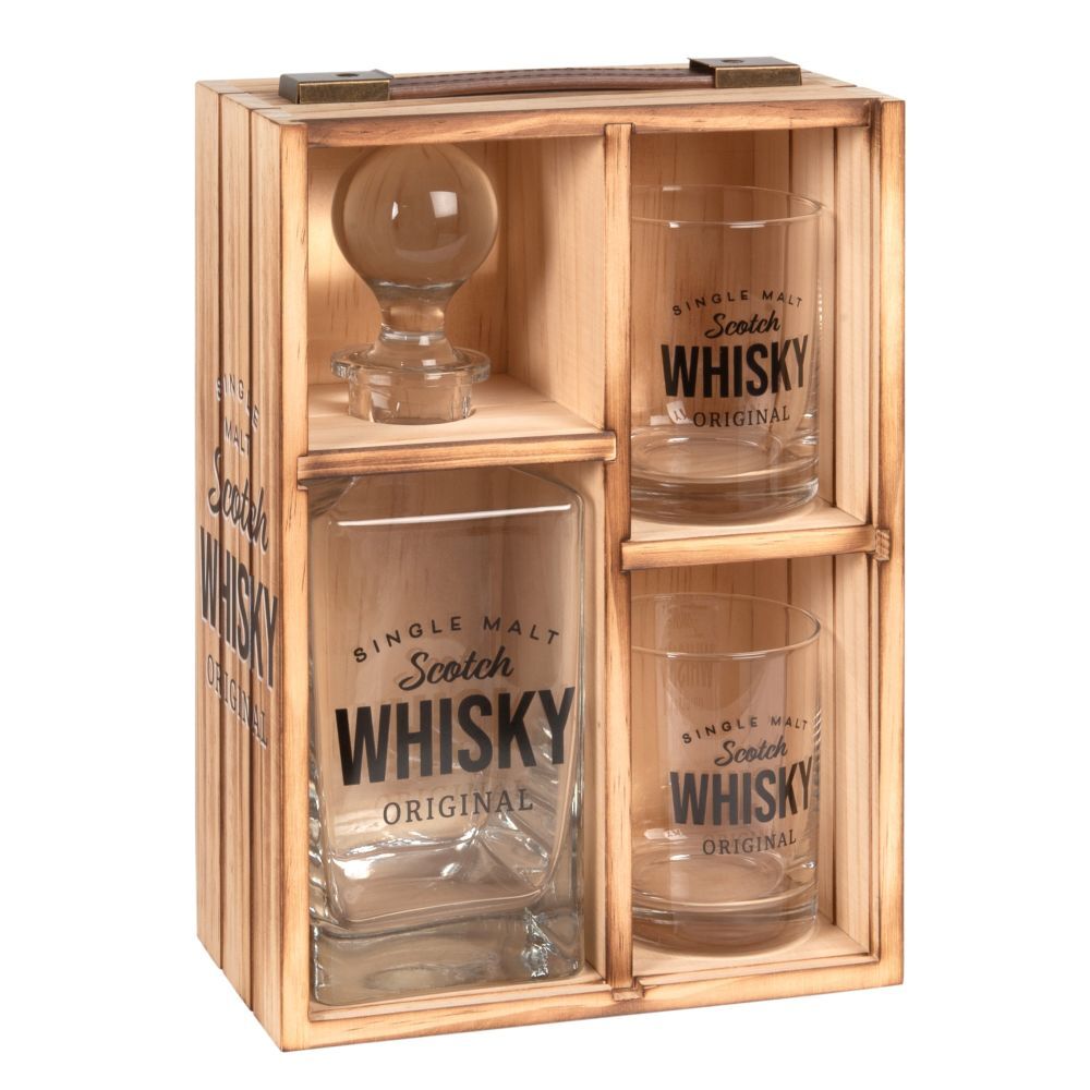Maisons du Monde Whisky cadeauset van dennenhout met 2 glazen en karaf