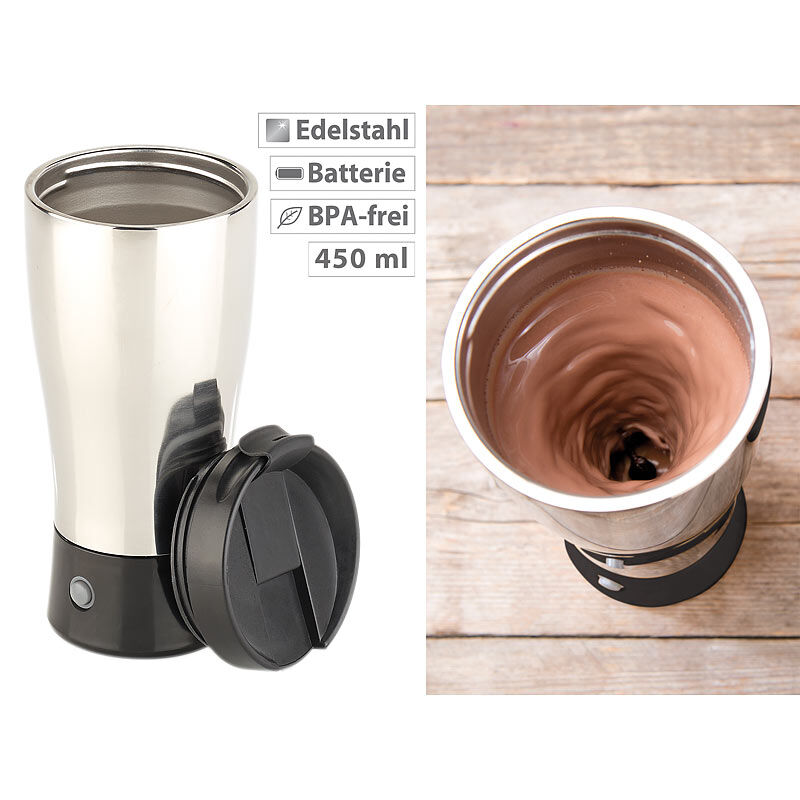 Rosenstein & Söhne Selbstrührender Thermobecher mit elektrischem Quirl, 450 ml, BPA-frei