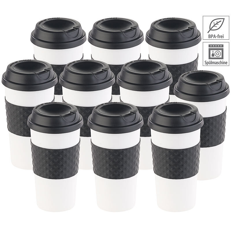 Pearl 10er-Set Coffee-to-go-Becher, Deckel, 475 ml, doppelwandig, BPA-frei