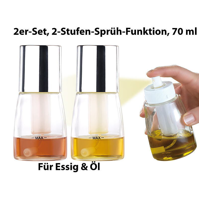 Rosenstein & Söhne Essig- & Öl- Sprühflasche mit 2-Stufen-Sprüh-Funktion, 70 ml, 2er-Set