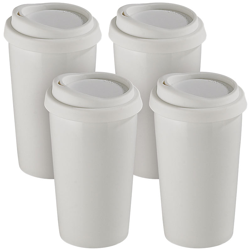 Rosenstein & Söhne 4 Coffee-to-go-Becher aus Keramik, Silikondeckel, 250 ml, doppelwandig