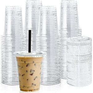 [100 sæt] 12 oz klare kopper med fladt låg, drikkekopper, 12 oz plastikkopper til iskaffe, smoothie, slurpee eller andre kolde drikke