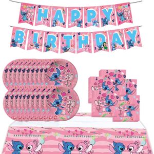 Heyone Pink Stitch Party Fødselsdagsartikler, Cartoon Stitch Theme Party Service med Happy Birthday banner, dug, 20 engangs 7