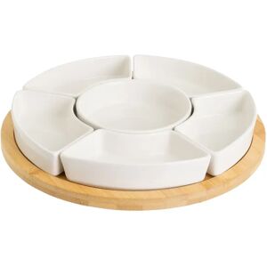 LOLAhome Juego de 6 platos de aperitivo blancos de porcelana con bandeja de bambú natural de Ø 30 cm