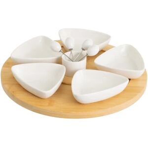 LOLAhome Juego de 6 platos de aperitivo blancos de porcelana con bandeja de bambú natural de Ø 30 cm