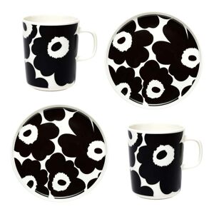 Marimekko - Oiva Unikko Gobelet avec anse & Assiette, blanc / noir (set de 4)