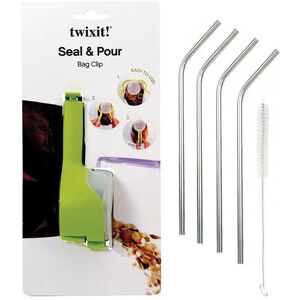 Pince a sachet avec bec verseur + 4 pailles en inox Youdoit