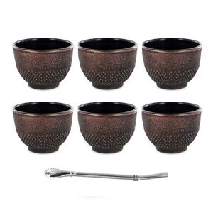 6 tasses en fonte noires & bronze 15 cl + paille inox avec filtre Aromandise