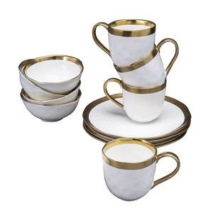 Kare Design Lot 6 mugs, 6 bols, 6 assiettes plates en porcelaine blanche et dorée Blanc 22x31x11cm