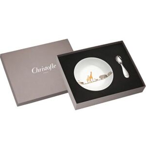 Christofle Coffret assiette en porcelaine cuillere en metal argente Savane