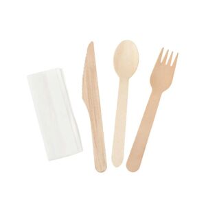 Dynasteel Kit de 4 Pieces - Couverts en Bois : Couteau, Fourchette, Grande Cuillere, Serviette - Lot de 500