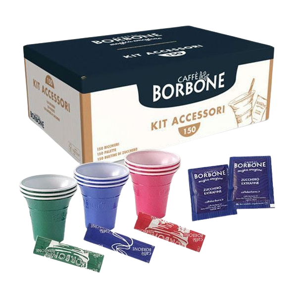 caffè borbone kit accessori caffè con 150 bustine di zucchero + 150 bicchierini + 150 palettine -