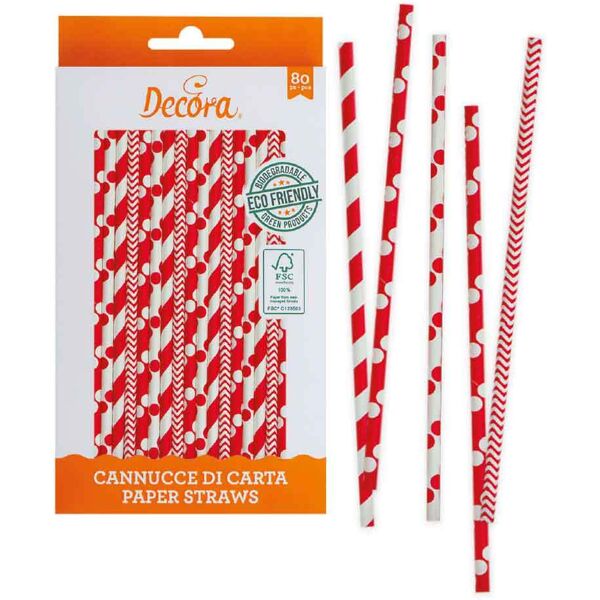 decora 80 cannucce biodegradabili in carta fantasie bianco e rosso 21 cm Ø6 mm