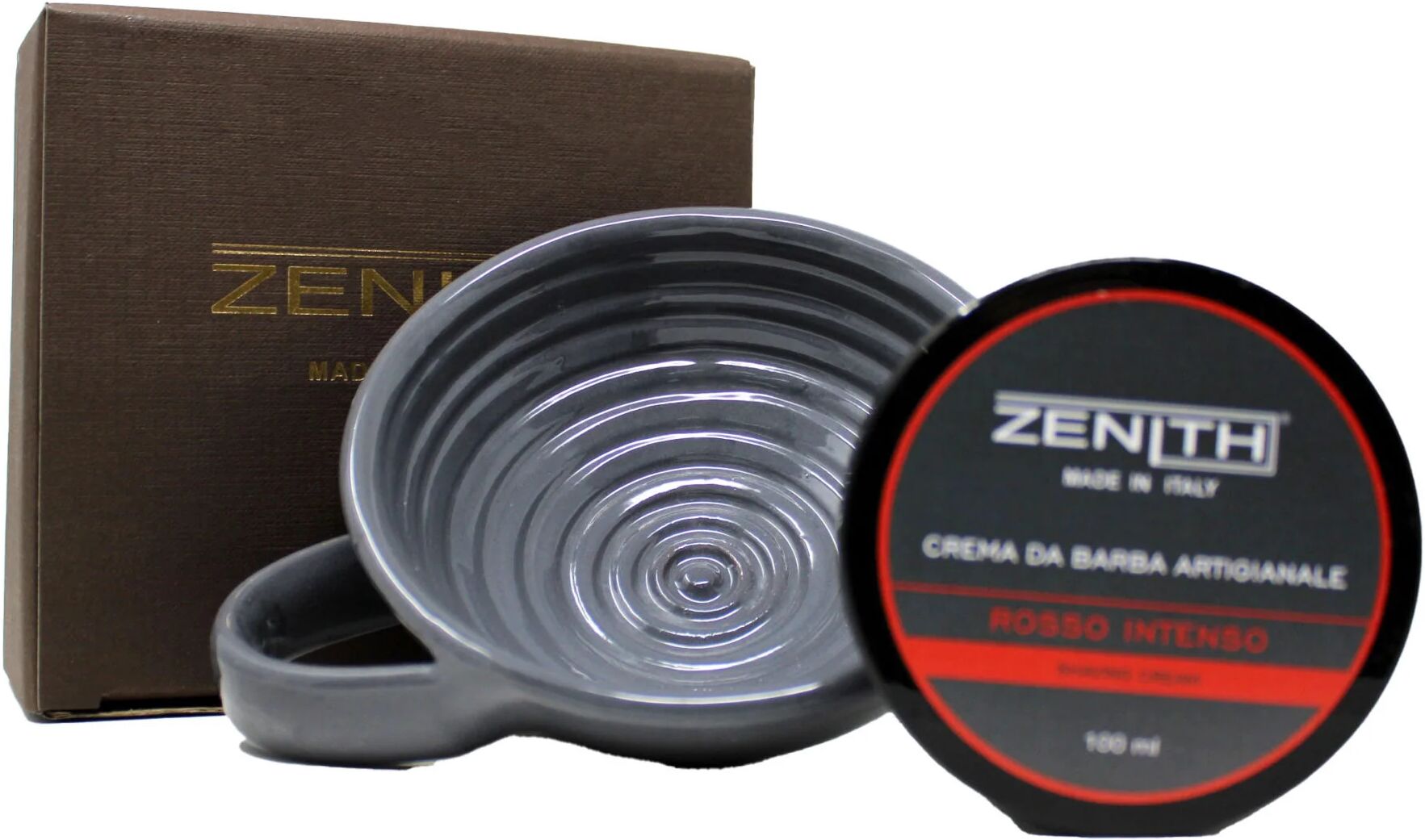 Zenith Ciotola In Ceramica Grigia + Sapone Da Barba Rosso Intenso 100 ml