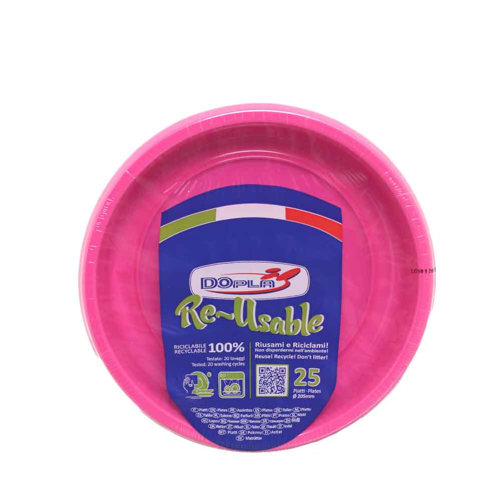 25 Scodelle Piatti Fondi Di Plastica Lavabili Riutilizzabili Fucsia Ø20,5 Cm Dopla