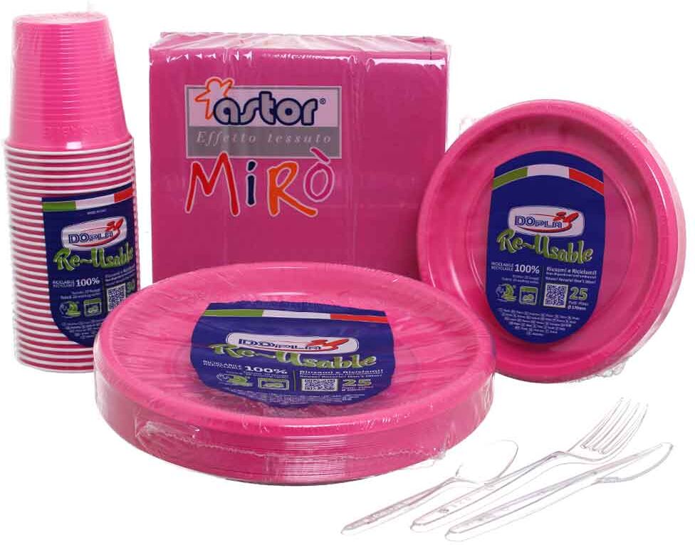 Dopla Set Completo Da Tavola In Plastica Lavabile Fucsia Per 50 Persone