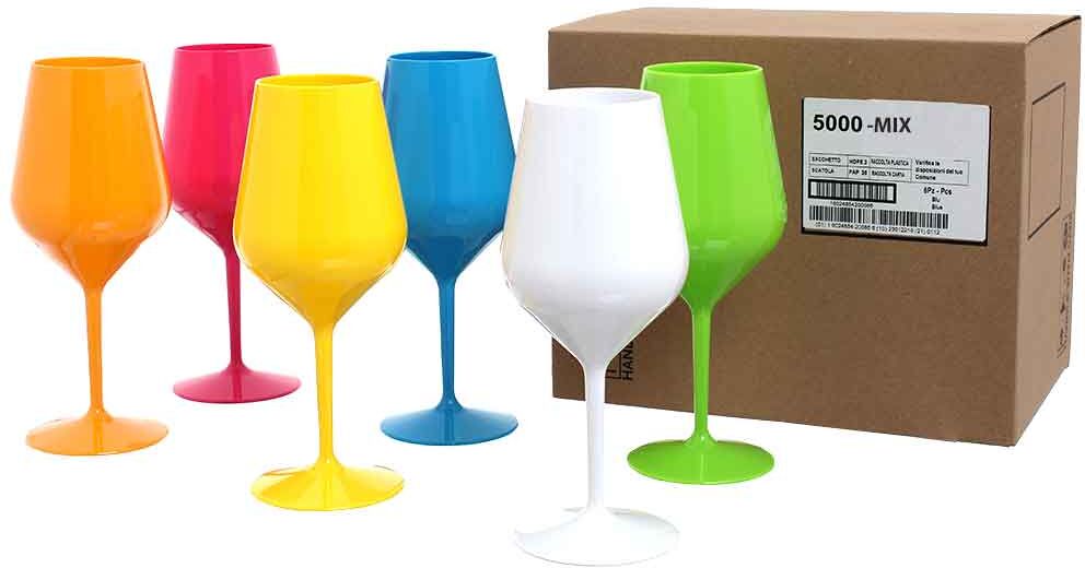 Goldplast Set 6 Bicchieri Calici Da Vino E Cocktail Colori Assortiti Infrangibili Lavabili 470cc