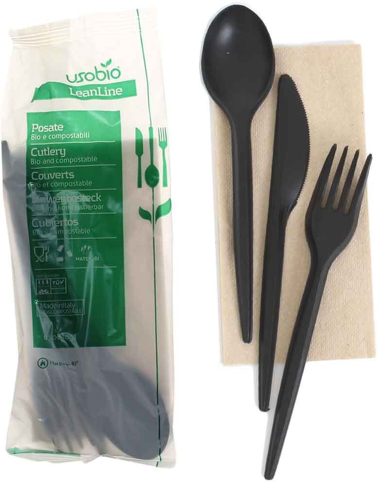 UsoBio 350 Tris Posate Monouso Nere Compostabili Imbustate Con Tovagliolo