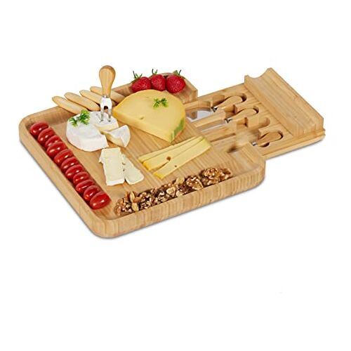 Relaxdays kaasplank met mesjes, HBD: 4 x 33 x 33 cm, serveerplank met bestek, 5-delige set, bamboe kaasplateau, natuur