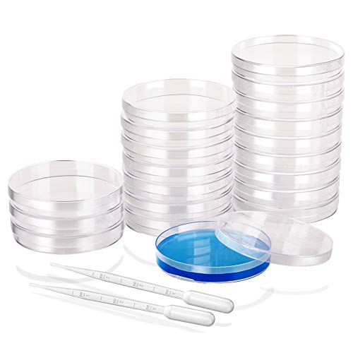 CtopoGo 20 stuks plastic petrischalen steriele bacteriecultuur kom met deksel (90 mm x 15 mm), steriele plastic petrischalen inclusief 20 kunststof transferpipetten (3 ml)