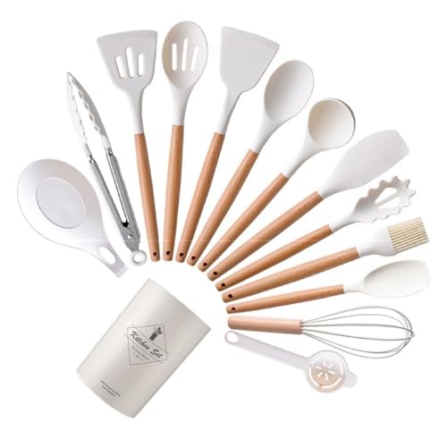 Reqeliou 14Pcs Siliconen Keukengerei Set Non Stick Kookgerei Bakken Tool Hittebestendige Kookgerei Gemakkelijk schoon te maken Houten Handvatten Keuken Gadget Kookgerei Set