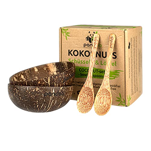 pandoo Kokosnoot Schalen Set van 2 met Lepels   100% Natuurlijk Product   Plastic Gratis Alternatief Handgemaakt met Kokosolie Gepolijst   Kokosnoot Schalen Schalen Set