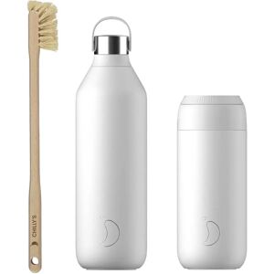 Chilly's Series 2 Reusable Water Bottle, Coffee Cup & Cleaning Brush Set - Arctic White