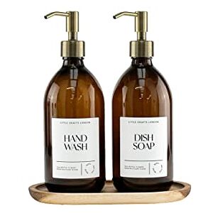 Little Crafts London - Set Of 2 Amber Glass Bottle 500 ML With Stainless Steel Pump & Oval Acacia Tray - Hand Wash & Dish Soap (Bronze 3)