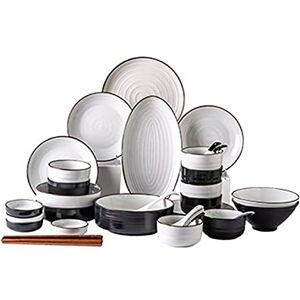 HBJZXLOK Plate and Bowl SetRound Dinnerware Set 40/56 Piece Stoneware Dinner Set Service for 8-10, Tableware Gift White, Black