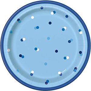 Unique 83594 Blue Polka Dots Round Dinner Plates, 7" Disposable 8 Pcs, Happy Birthday