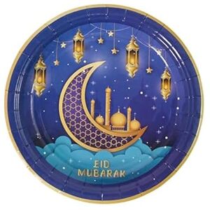 Generic 66 Pcs Eid Tablewear, Plates, Cups, Cutlery, Napkins, Tablecloth, Eid Gift Bags, Eid Gift Boxes, Eid Banner, Eid Decorations UK. (8 Pcs 7” Paper Plates)