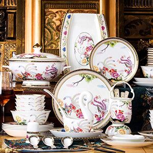 HBJZXLOK Fine Dinner Set,Dinner Plate Ceramics Dinnerware Set, High-end Enamel Porcelain Soup Pot/Plate/Bowl 50 Pieces Bone China Dinner Sets for Family Gathering and Weddin