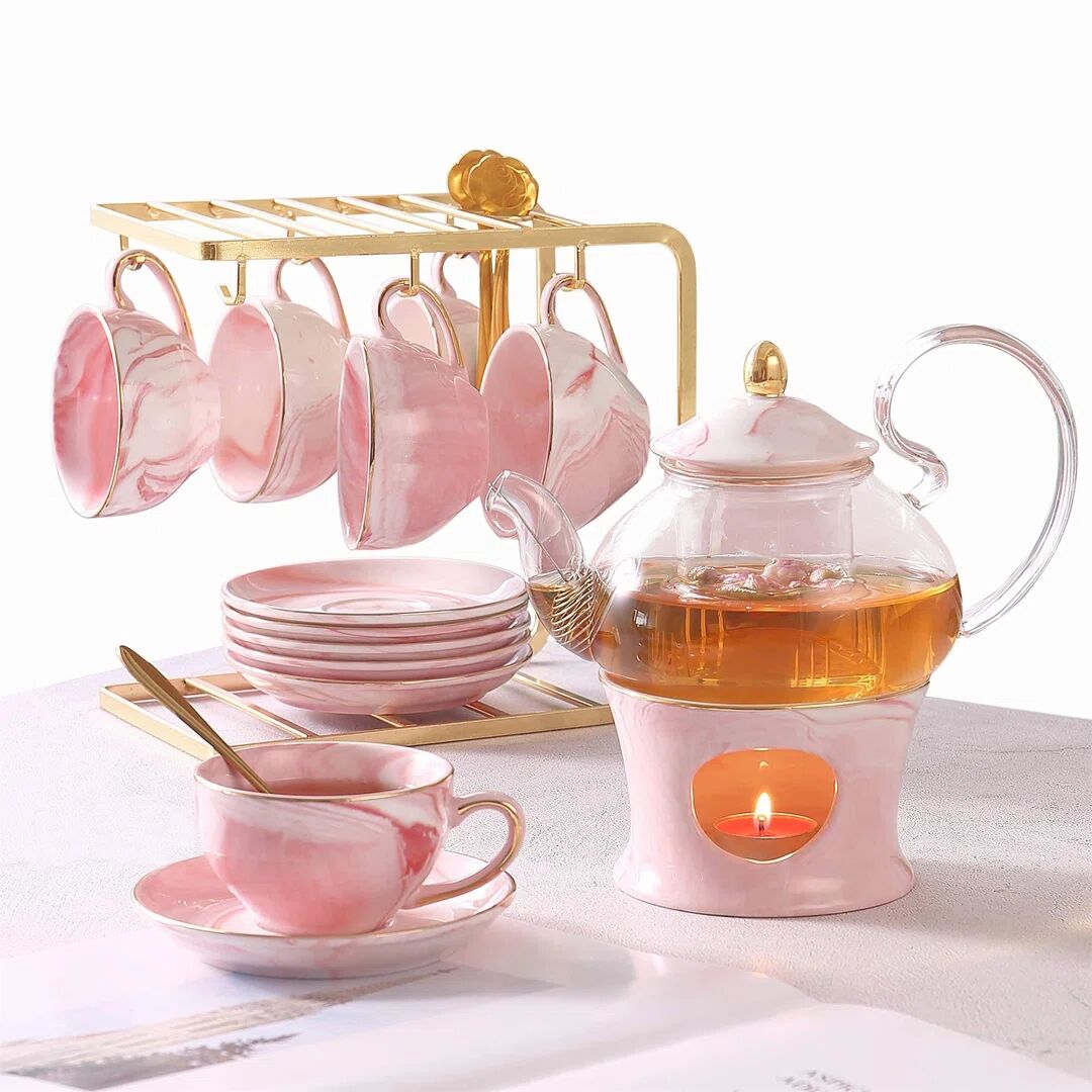 Photos - Other tableware Fairmont Park 21 Pcs Small Tea Set Of 6, Gray Marble Set, Handcraft Golden