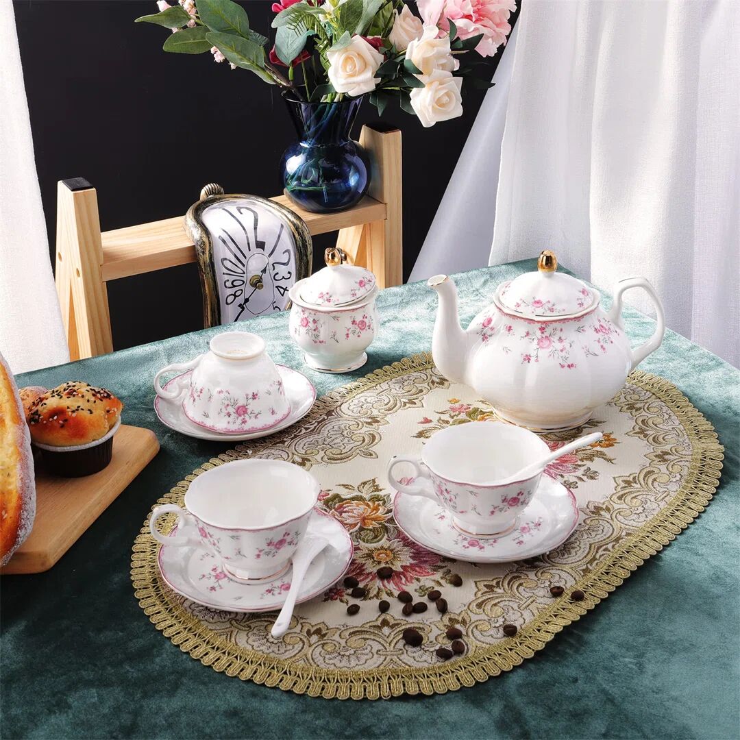 Photos - Other tableware Levi Beer 21 Pieces Pink Rose Porcelain Tea Set With Spoons, Cute Tea Part