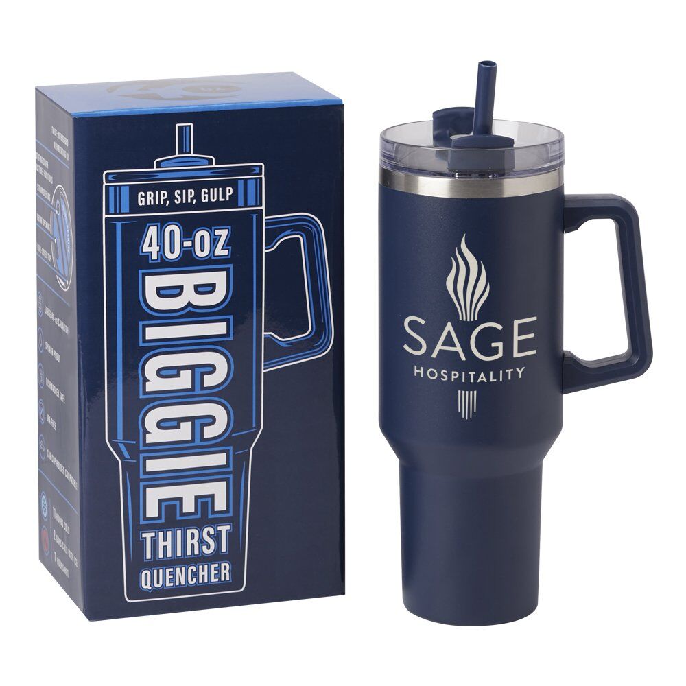 Positive Promotions 10 Navy Biggie Thirst Quencher Double-Wall Stainless-Steel Tumbler 40 oz. With Handle - Personalization Available