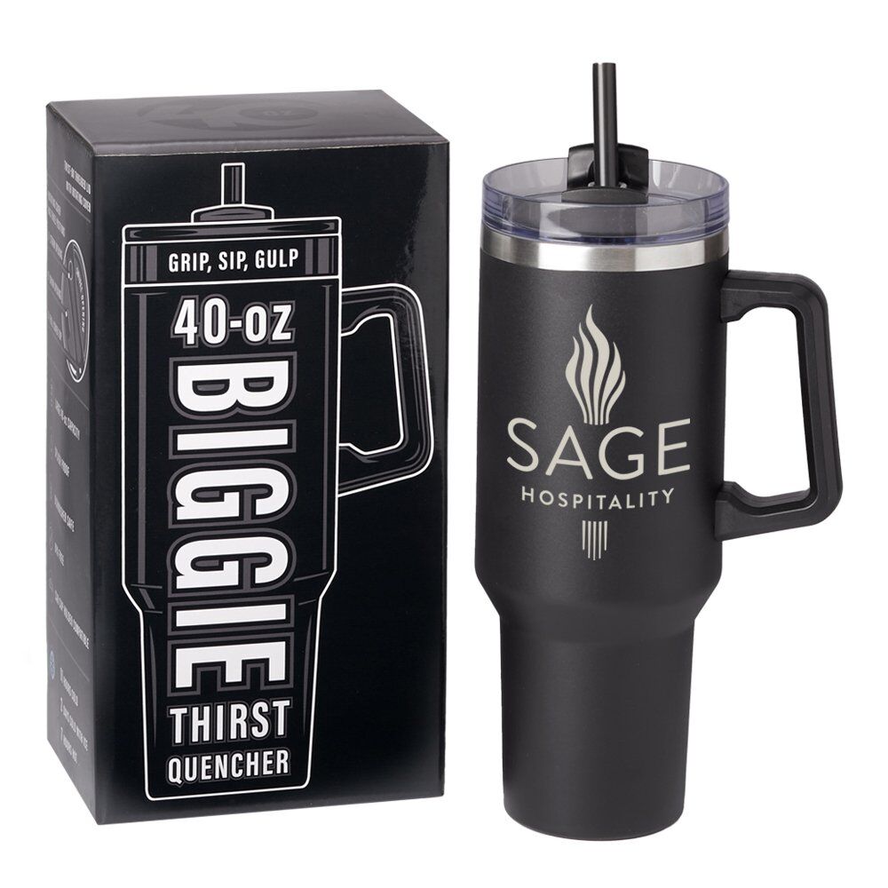 Positive Promotions 10 Black Biggie Thirst Quencher Double-Wall Stainless-Steel Tumbler 40 oz. With Handle - Personalization Available