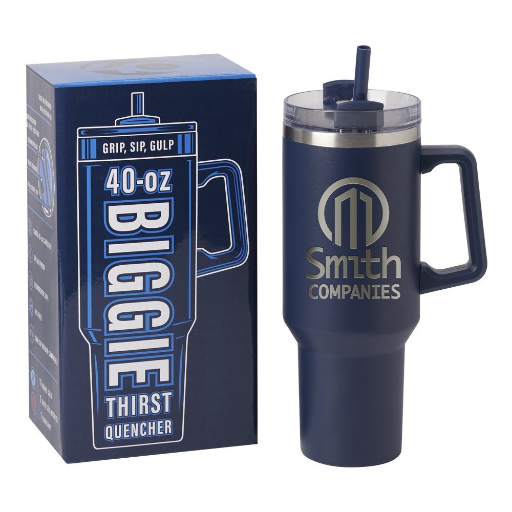 Positive Promotions 10 Navy Biggie Thirst Quencher 40 oz. Double-Wall Stainless-Steel Tumblers With Handle - Laser-Engraved Personalization Available
