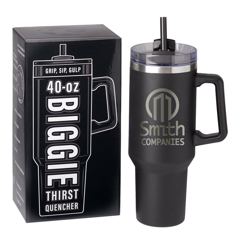 Positive Promotions 10 Black Biggie Thirst Quencher Double-Wall Stainless-Steel Tumbler 40 oz. With Handle - Laser-Engraved Personalization Available