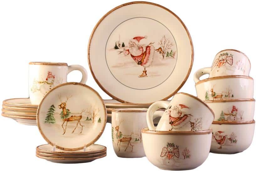 American Atelier Christmas Twig 20-Piece Holiday Assorted Colors Ceramic Dinnerware Set (Service for 4)