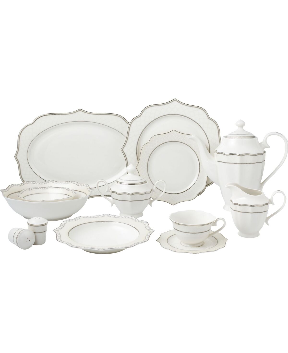 Lorren Home Trends 57 Piece Mix and Match Bone China Dinnerware Set, Service for 8 - Silver-Tone